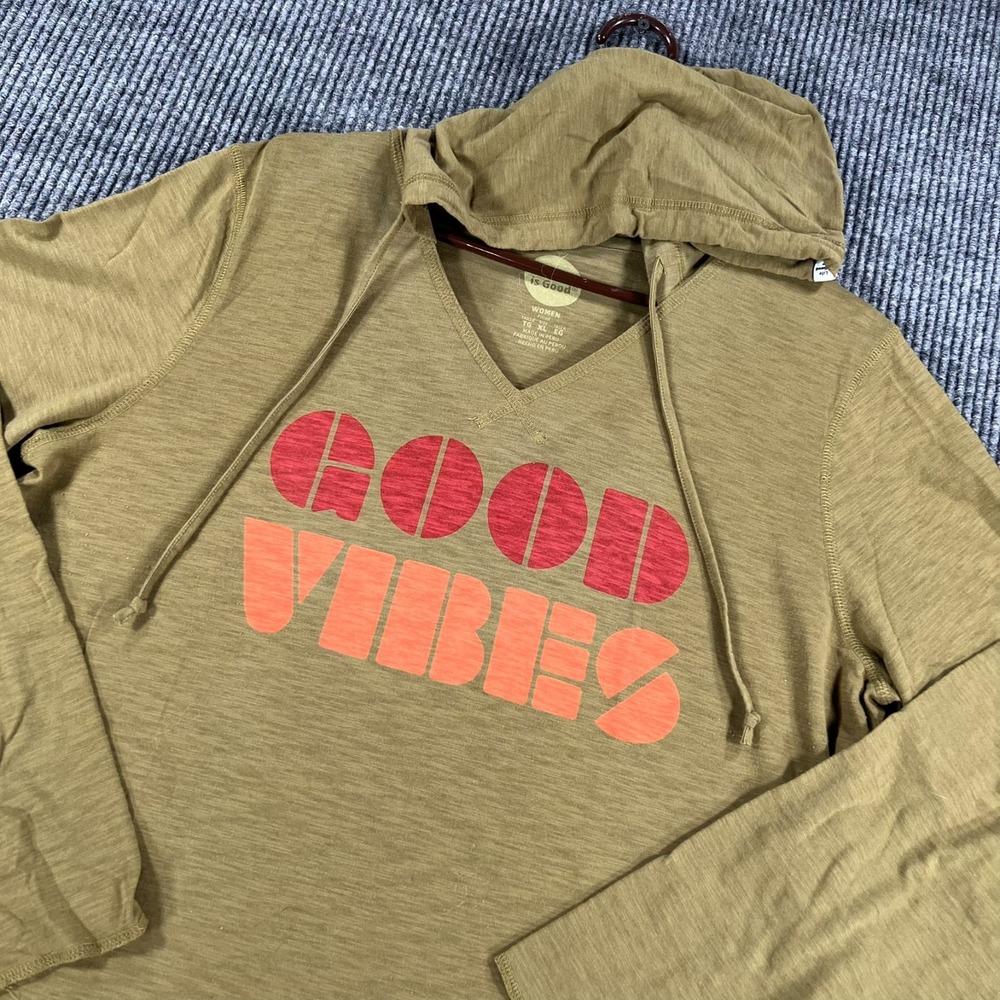 Life is Good Shirt Womens XL Extra Large Green Long Sleeve V Neck Hooded Vibes